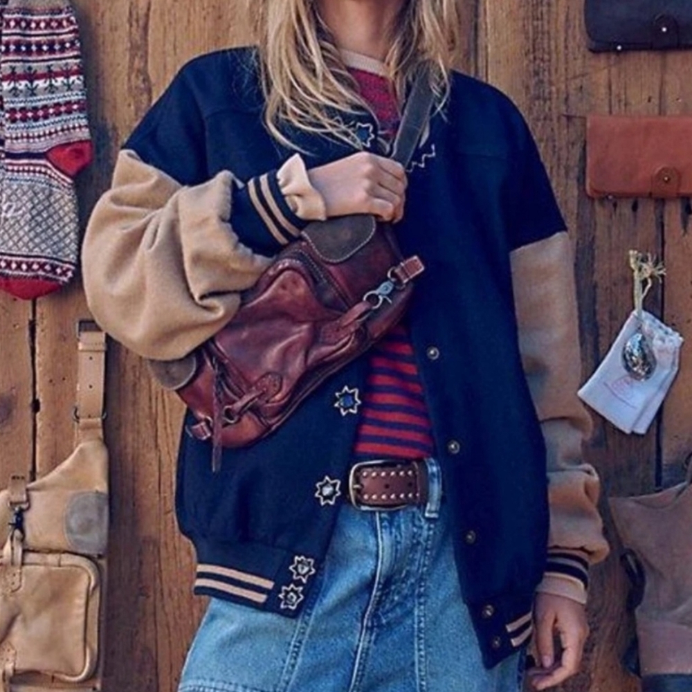 Free People Varsity Jacket Blue Tan Classic Collegiate